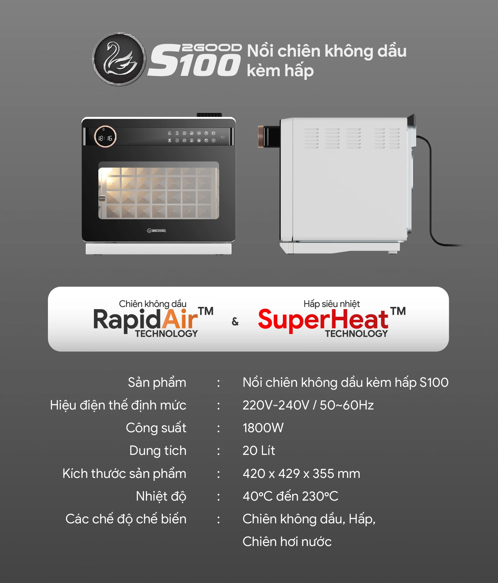 Nồi Chiên Hơi Nước 2Good Vortex - S100 - Ưu Đãi Combo Bản Cải Tiến Mới 2026 ( Đặt Online FREE SHIPPING Toàn Quốc )